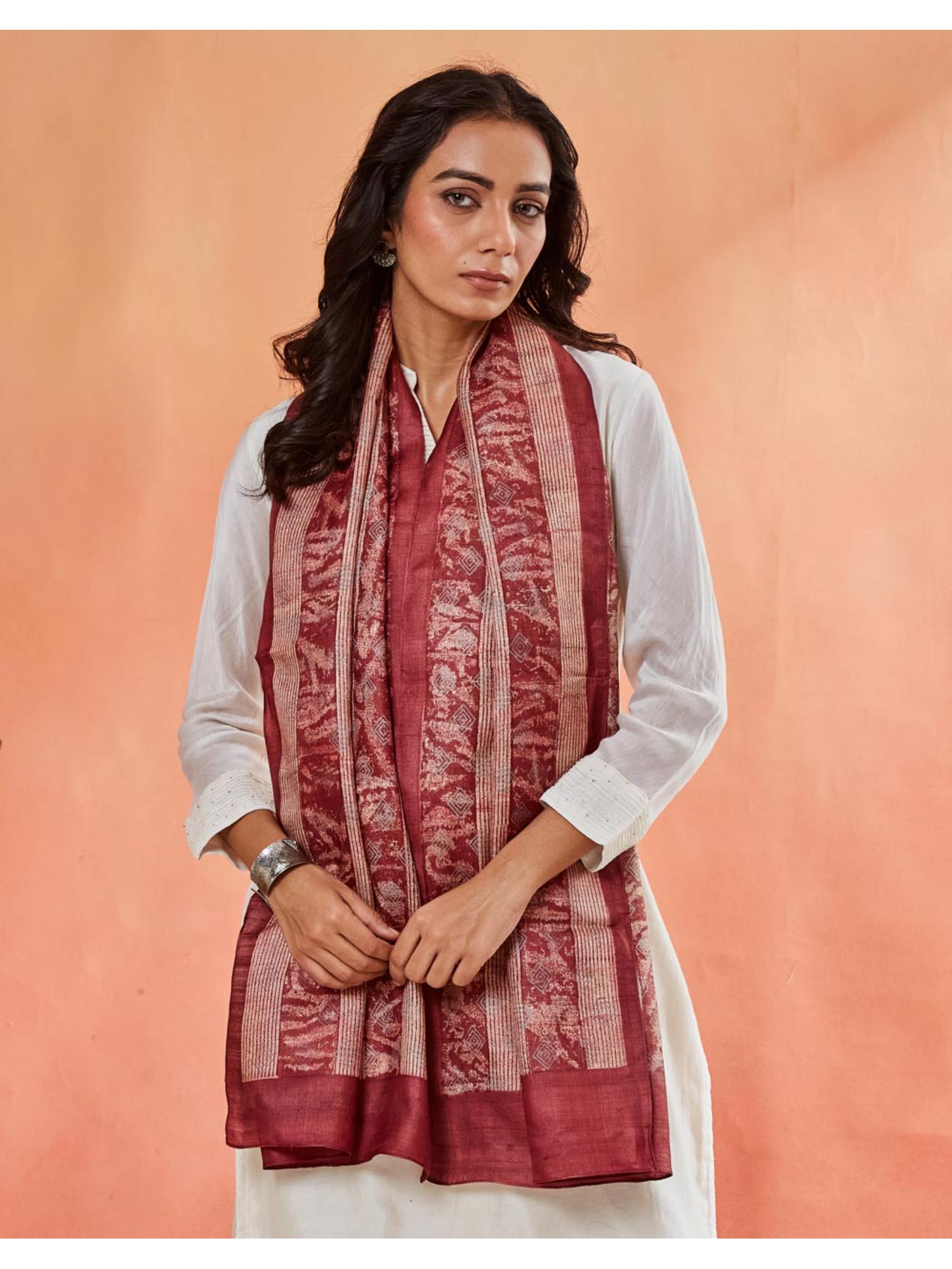 Wine Silk Symphony Hand Block Printed Stole-image-14