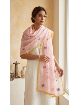 HANDME - Vintage Floral Embroidered Pink Chanderi Lace Stole