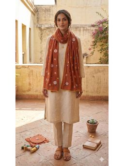 HANDME - Timeless Rust Floral Embroidered Mul Chanderi Lace Stole