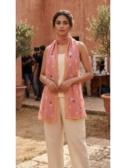 HANDME - Elegant Blush Floral Embroidered Mul Chanderi Lace Stole
