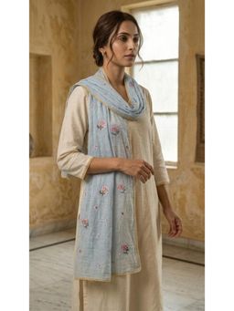 HANDME - Serene Blue Floral Embroidered Mul Chanderi Lace Stole