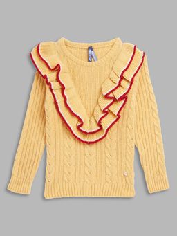 Blue Giraffe - Girls Yellow Self Design Round Neck Full Sleeves Pullover Style Sweater