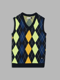 Blue Giraffe - Boys Multi-Color Checked V-Neck Sleeveless Pullover Style Sweater
