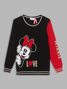 Blue Giraffe - Girls Black Printed Round Neck Full Sleeves Pullover Style Sweater