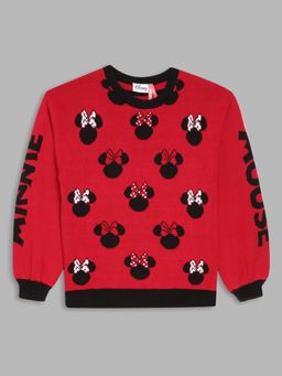 Blue Giraffe - Girls Red Self Design Round Neck Full Sleeves Pullover Style Sweater