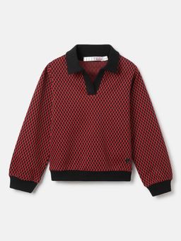 ELLE - Girls Red Self Design Collar Full Sleeves Pullover Style Sweater