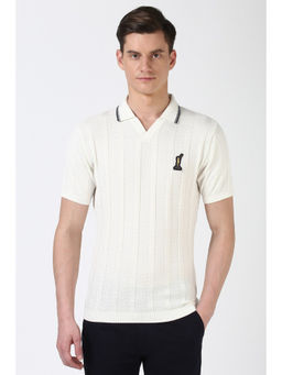 Peter England - Men White Textured Polo Neck T-Shirt