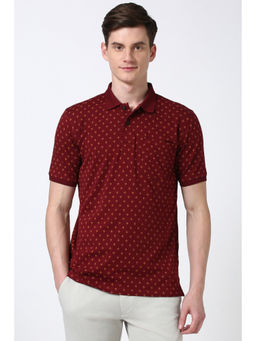 Peter England - Men Maroon Print Polo Neck T-Shirt