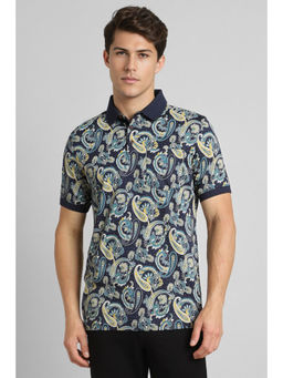Simon Carter - Navy Blue Print Polo Neck T-Shirt