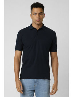 Van Heusen - Men Navy Blue Solid Polo Neck T-Shirt