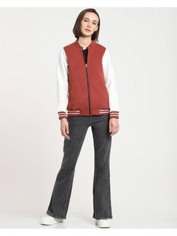 Bewakoof - Women's Wine Red & White Color Block Varsity Bomber Jacket
