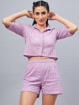 WineRed - Women's Schiffli Shirt and Shorts Co-ord Set