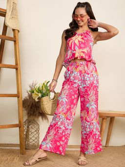 WineRed - Women's Pink Print Halter Neck Co-ord Set