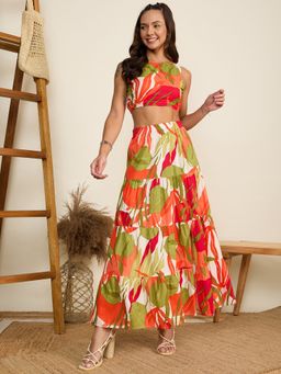 WineRed - Women's Floral Print Crop Top and Skirt