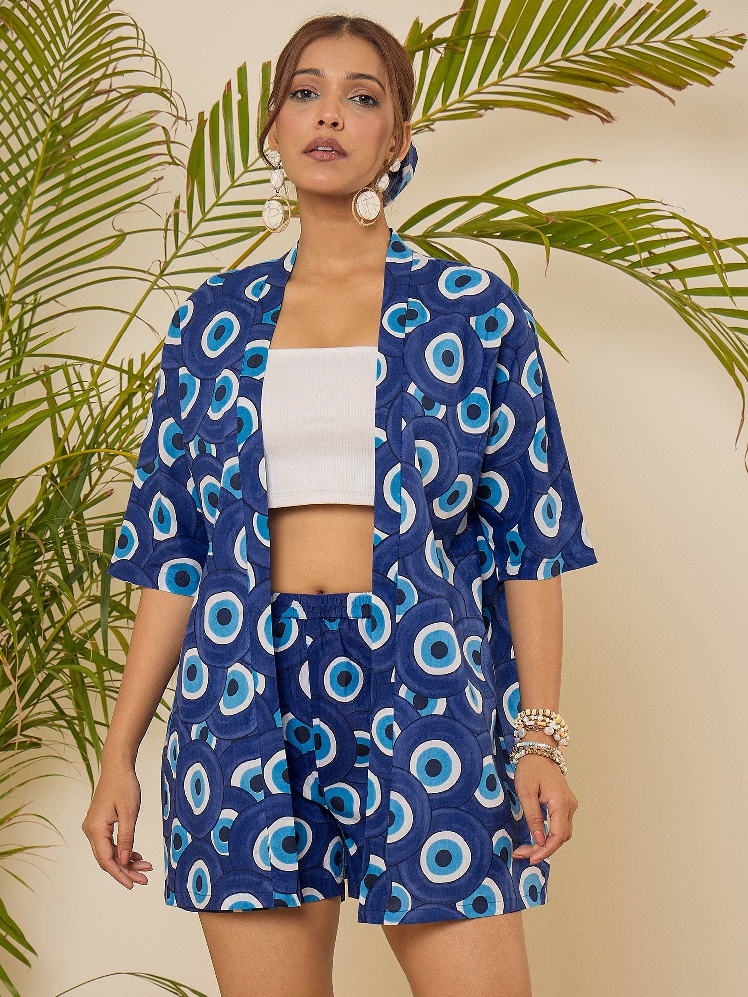 winered Cotton Blue Evil Eye Printed Kimono Co-ord Set-picture-10