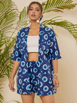 WineRed - Cotton Blue Evil Eye Printed Kimono Co-ord Set