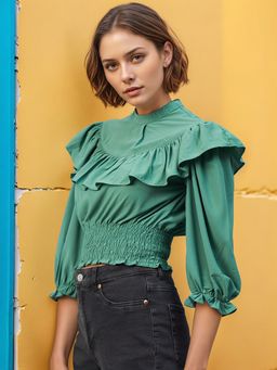 RARE - Women's Casual Green Colour Mandarin Collar Solid Cinched Waist Crop Top