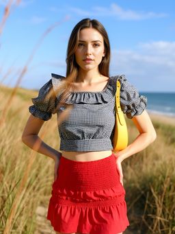 RARE - Women's Casual Black Colour Boat Neck Checked Regular Crop Top