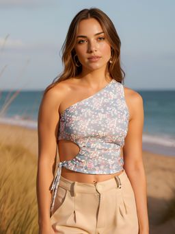 RARE - Women's Casual Grey Colour One Shoulder Abstract Regular Top