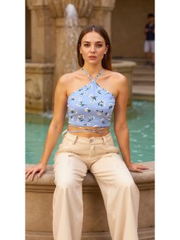 RARE - Women's Casual Blue Colour Halter Neck Floral Styled Back Crop Top