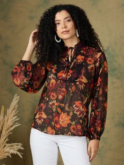 Kibo - Floral Printed Tie-Up Neck Puff Sleeve Top