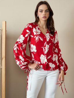 Kibo - Floral Print Bishop Sleeves Crepe Top