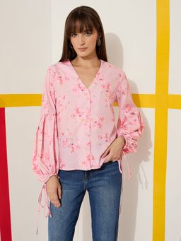 Kibo - Women's Floral Print V-Neck Puff Sleeve Top