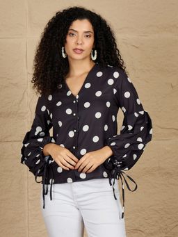 Kibo - Women's Polka Dot Printed Bishop Sleeves Top