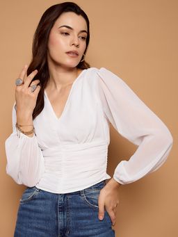 Kibo - Slit Sleeve Georgette Cinched Waist Crop Top