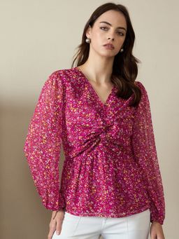 Kibo - Women's Floral Printed Bishop Sleeves Chiffon A-Line Top