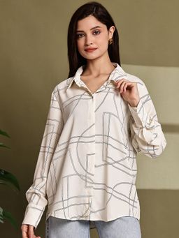 NOBARR - Women's Polyester Cream Printed Polyester Shirt