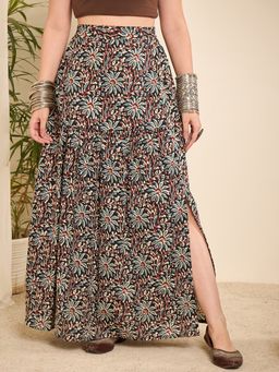 WineRed - Floral Ajrakh Printed A-line Skirt