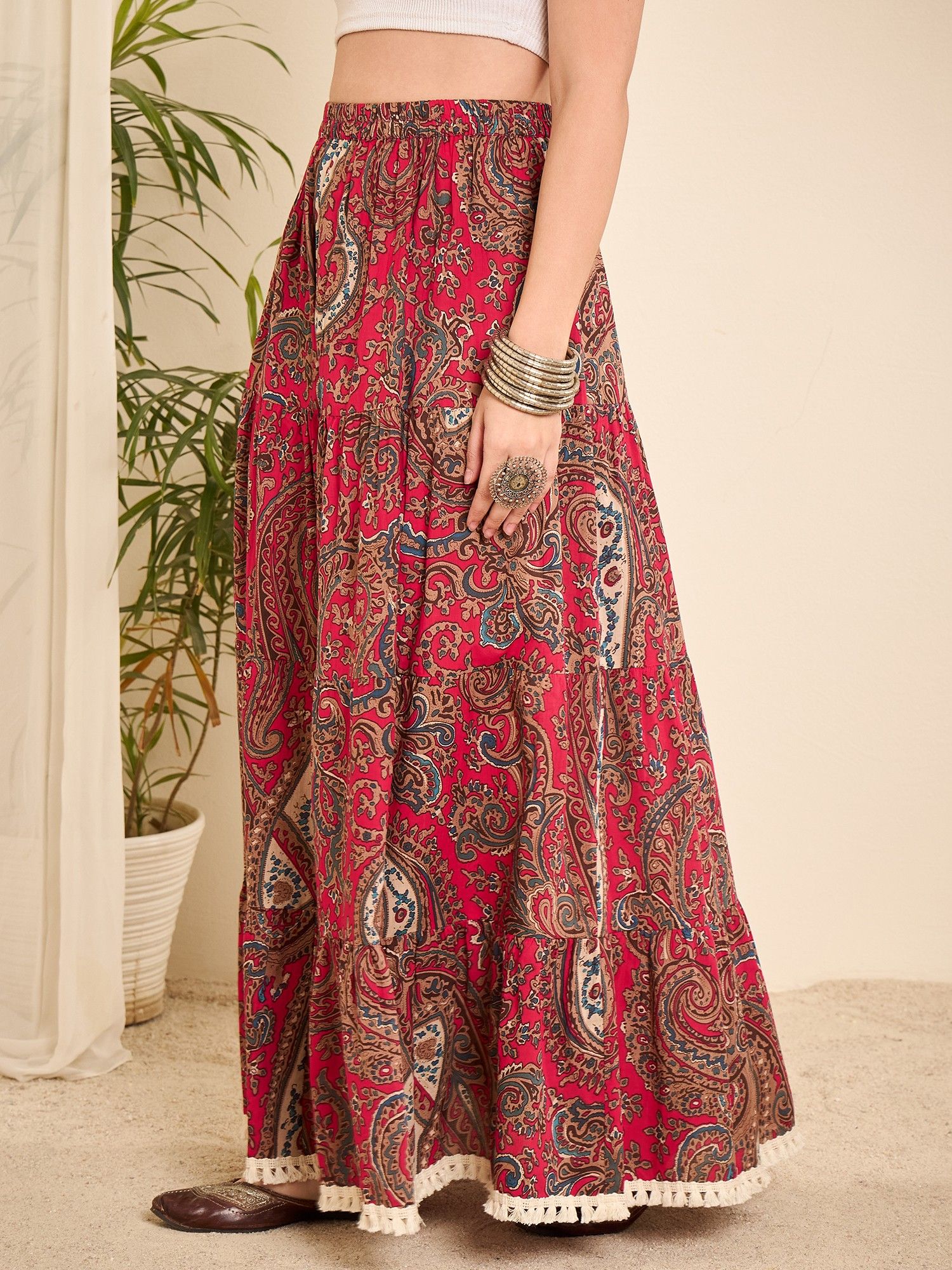 winered Women's Pink Cotton Paisley Printed Lace Long-line Skirt-picture-33