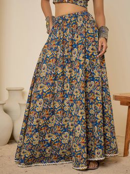 WineRed - Women's Blue Ethnic Print Cotton Maxi Skirt