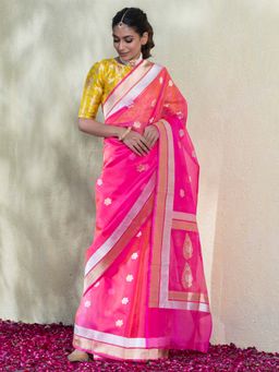 WeaverStory - Pink Handloom Organza Banarasi Saree with Floral Booti with Unstitched Blouse