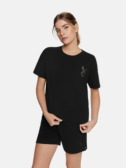 Cardio Bunny - Women Black Pure Cotton Round Neck Relaxed Fit T-shirt