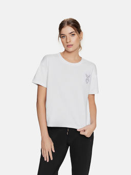 Cardio Bunny - Women White Pure Cotton Round Neck Relaxed Fit T-shirt