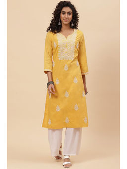 Biba - Yellow Straight Kurta (set Of 2)