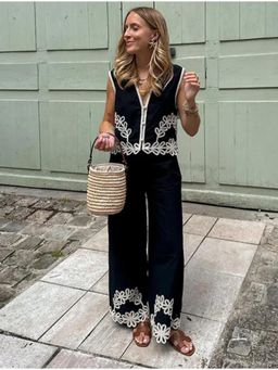 MISS MOSA BY AKANKSHA - Navy Blue Aloisia Embroidered Summer Co-Ord (Set of 2)