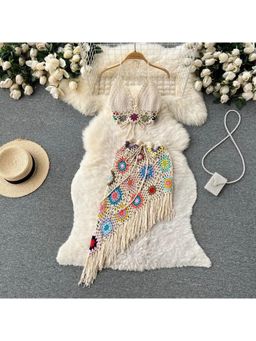 MISS MOSA BY AKANKSHA - Beige Janice Crochet Crop Top And Skirt (Set of 2)