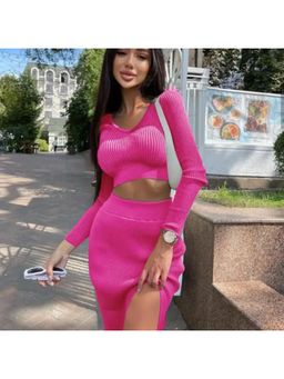 MISS MOSA BY AKANKSHA - Pink Matsel Statement Knit Top And Skirt (Set of 2)