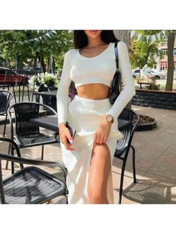 MISS MOSA BY AKANKSHA - White Matsel Statement Knit Top And Skirt (Set of 2)