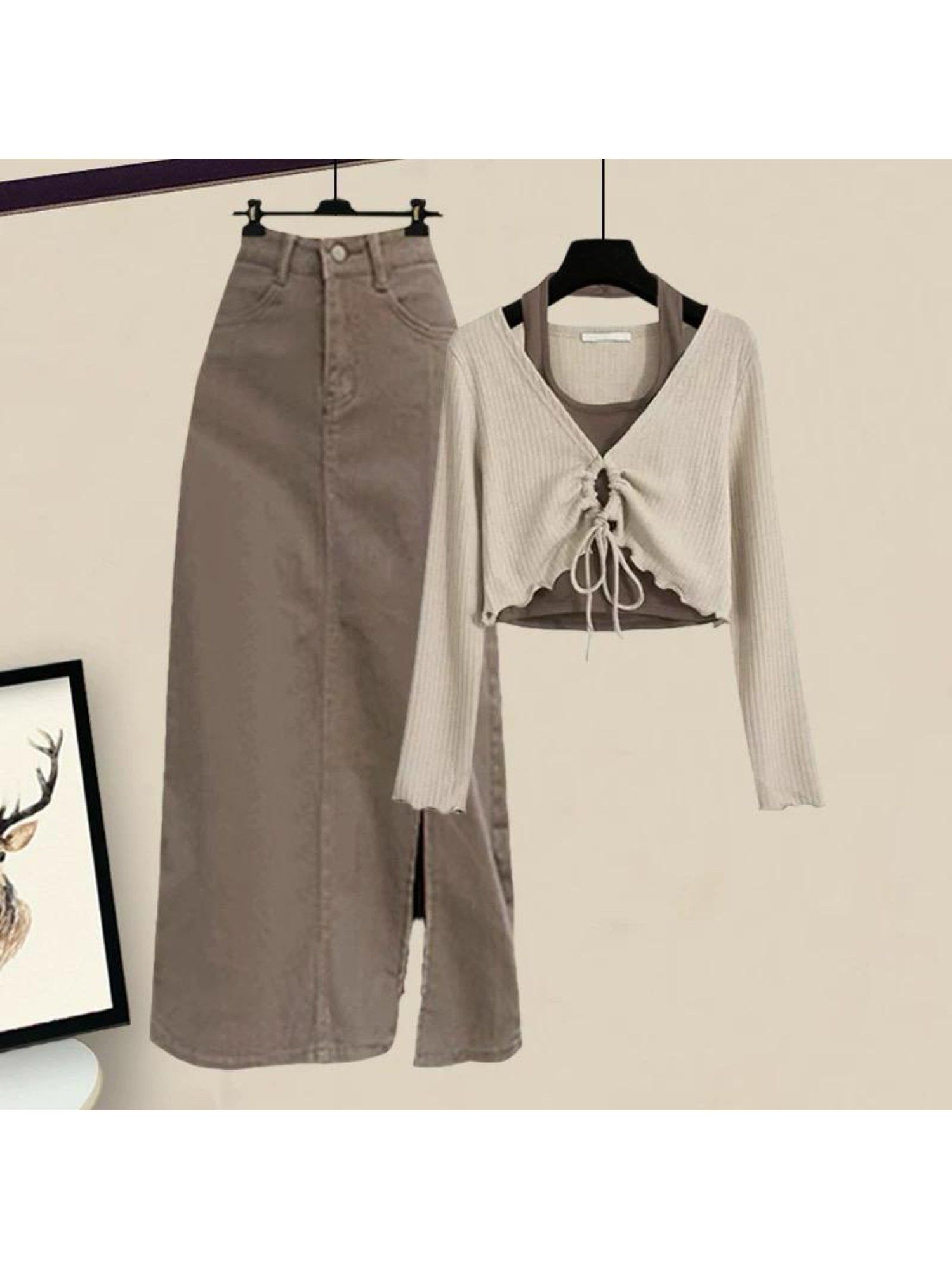 Brown Ritsy Summer Top And Skirt With Jacket (Set of 3)-picture-11