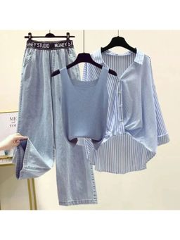 Alamode by Akanksha - Blue Trexa Summer Printed Shirt With Pant And Top (Set of 3)