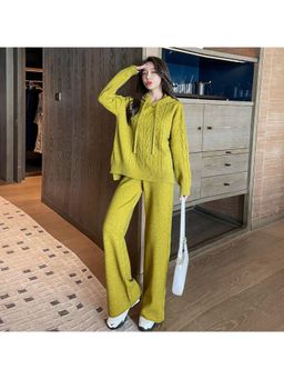 MISS MOSA BY AKANKSHA - Lime Green Aliva Knitted Woolen Hoodie And Pant (Set of 2)