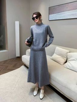 MISS MOSA BY AKANKSHA - Grey Cassidy Winter Solid Sweater And Skirt (Set of 2)