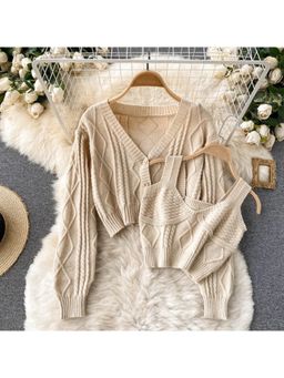 MISS MOSA BY AKANKSHA - Beige Cyra Premium Woolen Top And Sweater (Set of 2)