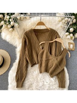 MISS MOSA BY AKANKSHA - Olive Cyra Premium Woolen Top And Sweater (Set of 2)