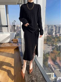 MISS MOSA BY AKANKSHA - Black Jiah Winter Sweater And Skirt (Set of 2)