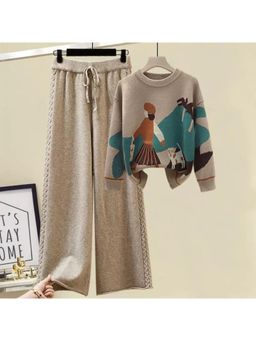 MISS MOSA BY AKANKSHA - Beige Kate Woolen Printed Sweatshirt And Pant (Set of 2)